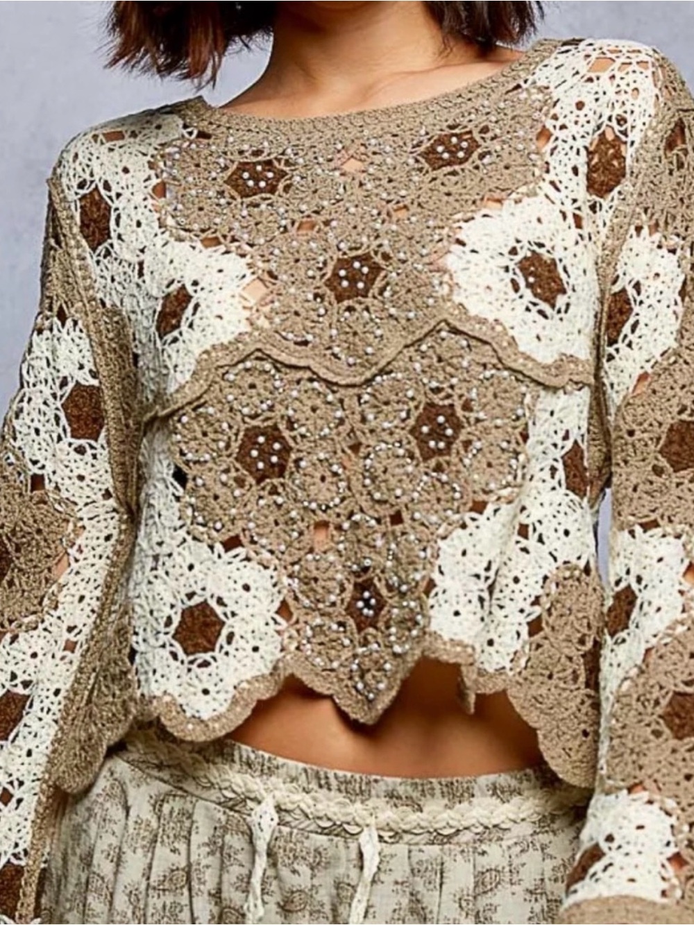 Boho Crochet Lace Crop Top in Cream & Tan